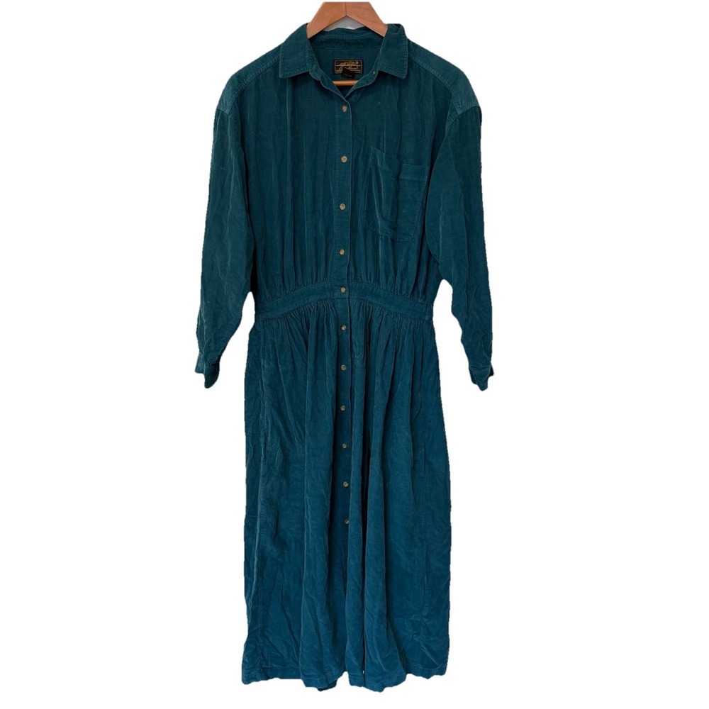 Vtg Eddie Bauer Teal Blue Large Petite Corduroy Button Up Dress Preppy Academia‎
